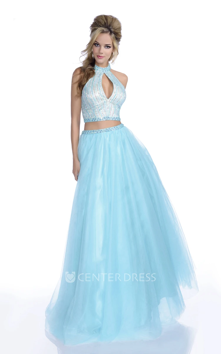 Crop Top A-Line Tulle Sleeveless Prom Dress With Crystal Bodice And Halter