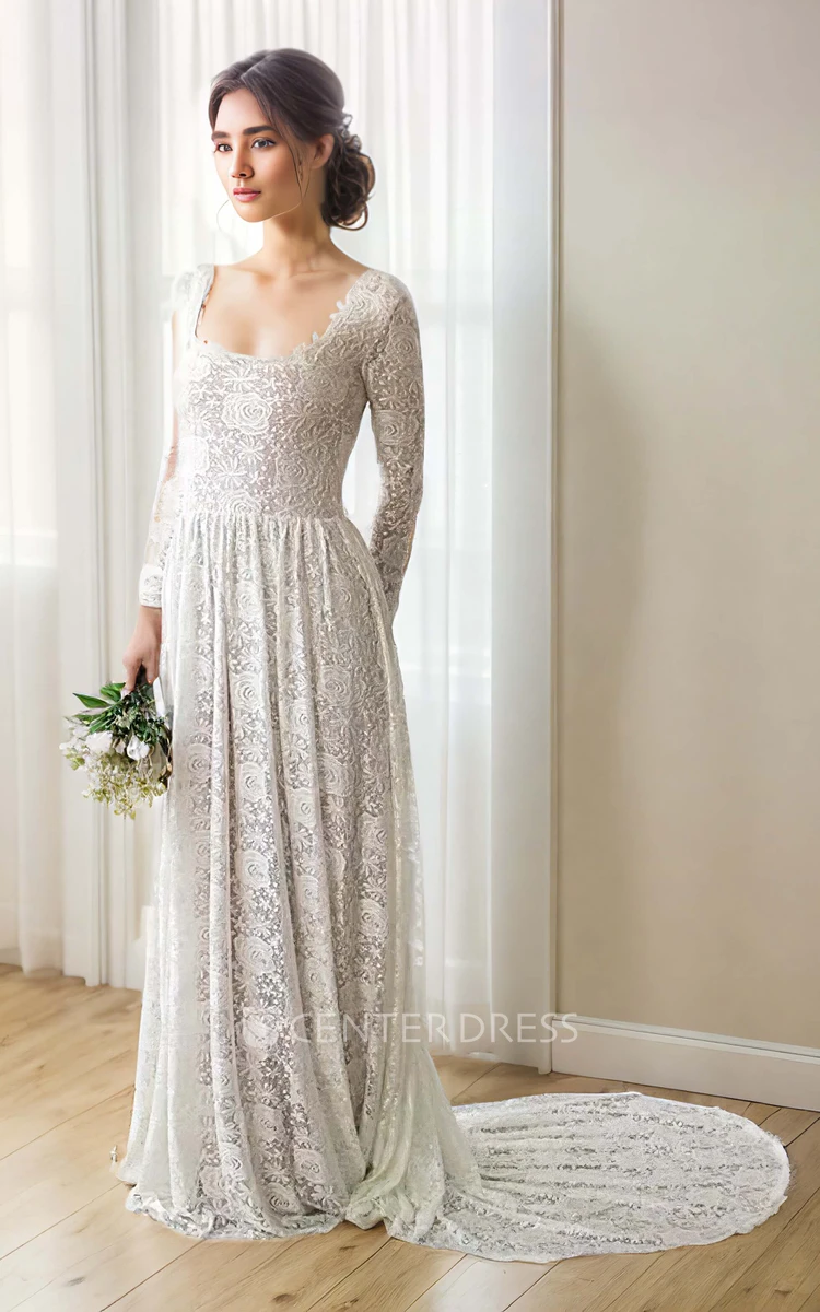 Long Sleeve Lace Boho Flower Square Neck Sheath Elegant Bride Wedding Dress with Train