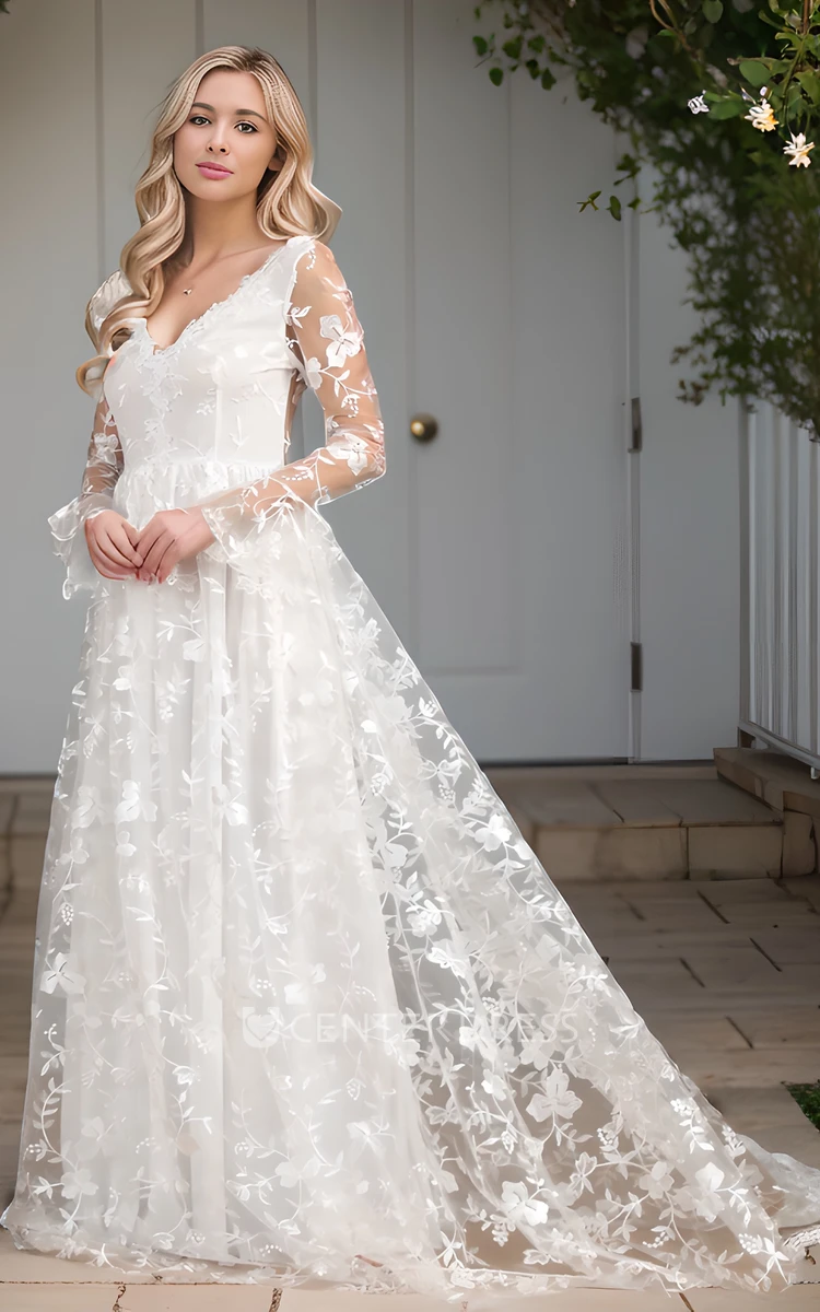 Elegant Long Sleeve Wedding Dress A-Line V-neck Floor-length Illusion Back