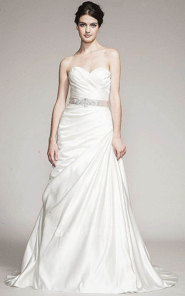 A-Line Sweetheart Jeweled Satin Wedding Dress With Criss Cross And Side Draping