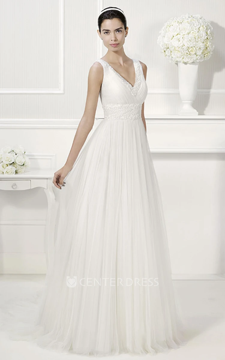V Neck V Back Emprie Pleated A-Line Tulle Bridal Gown With Jewels