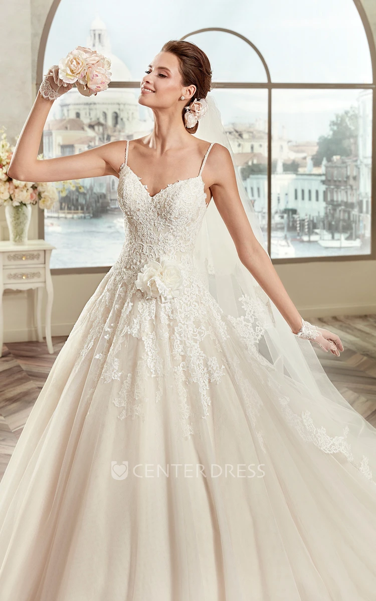 Sweetheart A-line Wedding Gown with Spaghetti Straps and Flowers