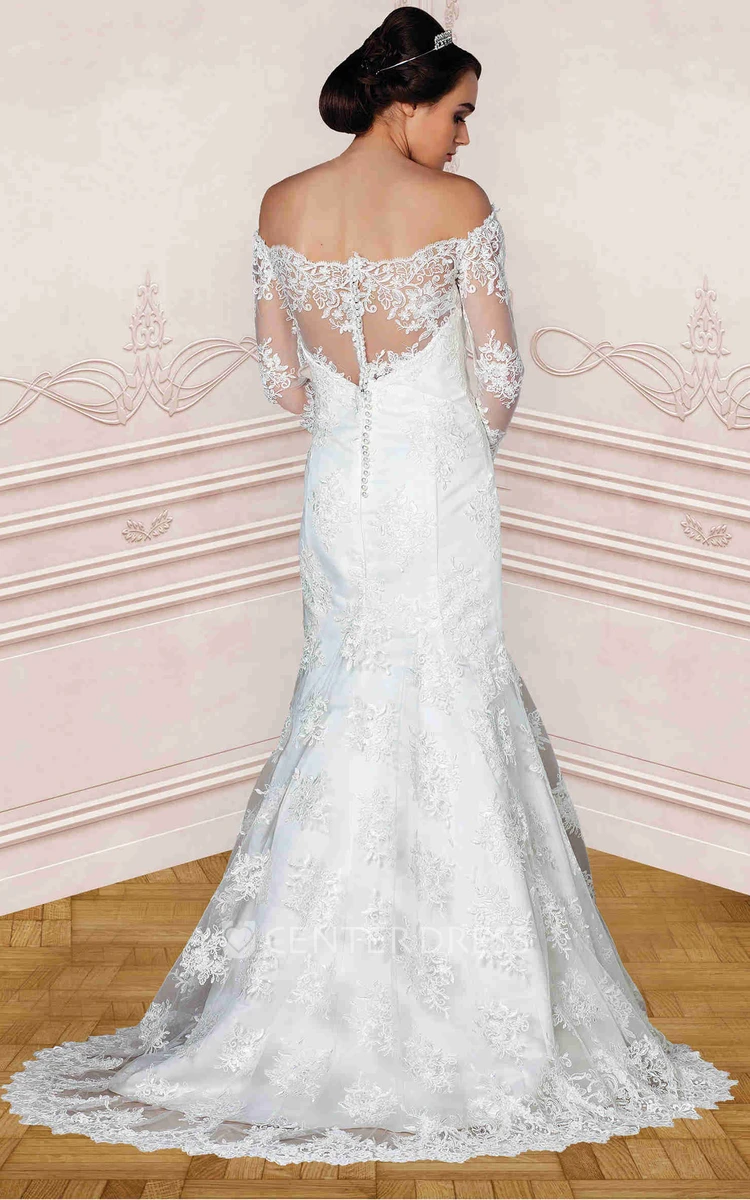 A-Line Off-The-Shoulder Long-Sleeve Lace Wedding Dress With Illusion