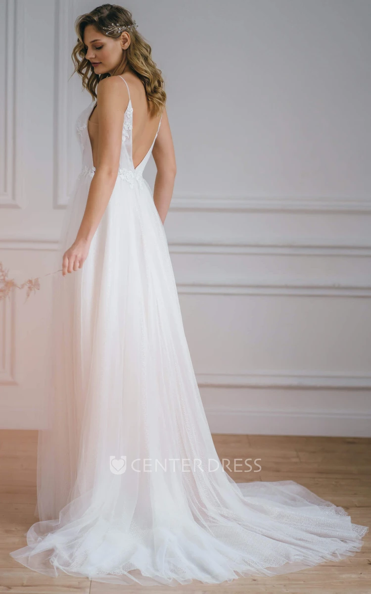 Modern Plunging Neckline A Line Tulle Sleeveless Sweep Train Wedding Dress with Appliques