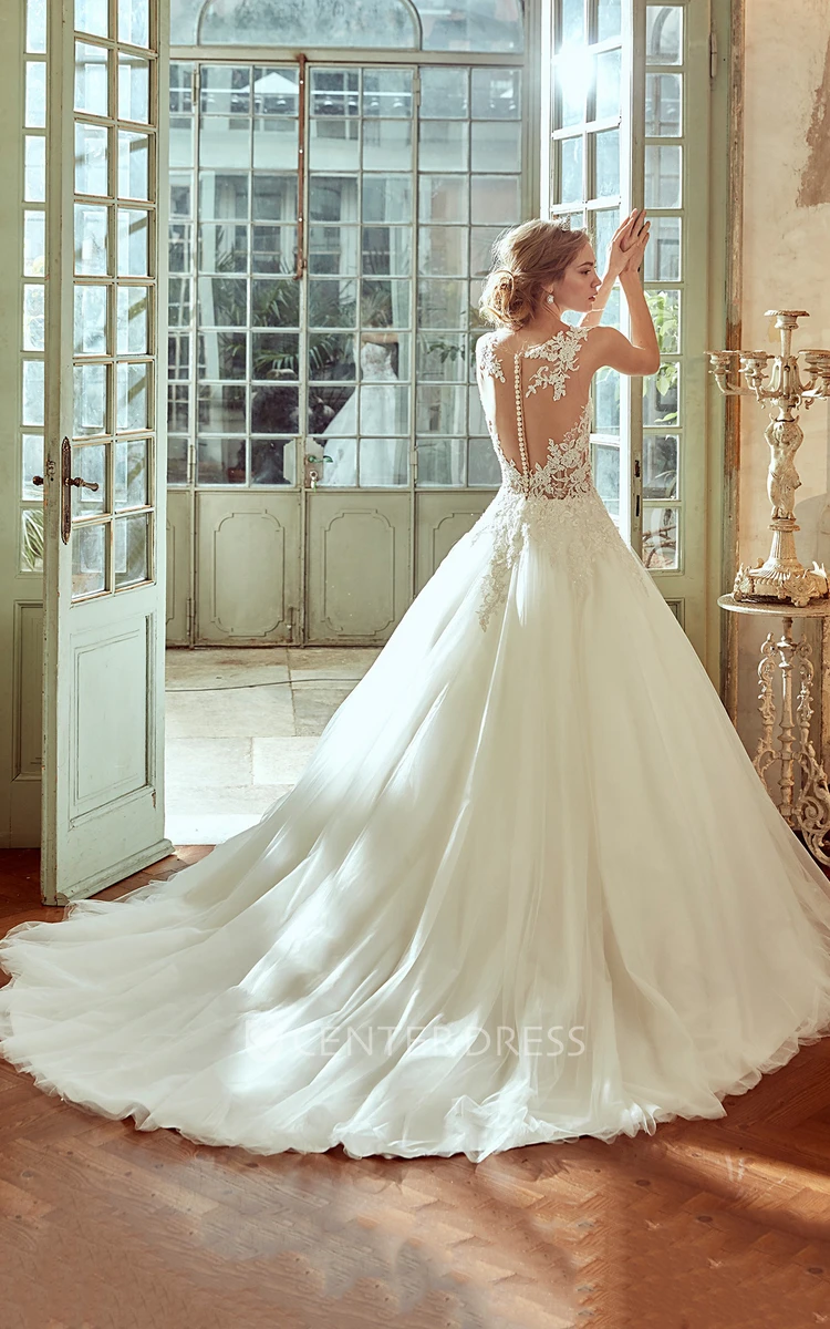 Jewel-Neck A-Line Gown With Illusive Bodice And Multi-Layer Tulle Skirt