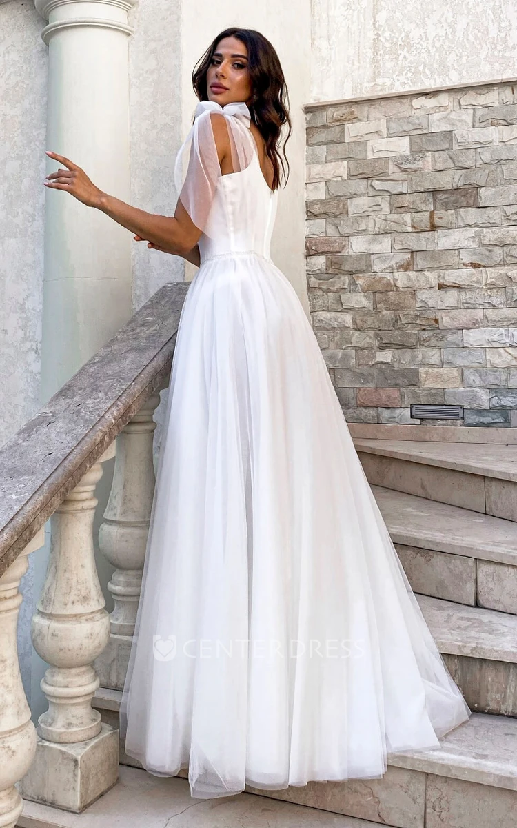 Spaghetti Satin Tulle V-neck With Bows On Shoulder Simple And Cute Wedding Dress