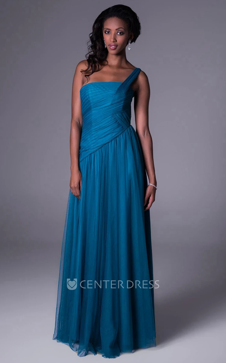 One-Shoulder Floor-Length Ruched Tulle Bridesmaid Dress With Straps