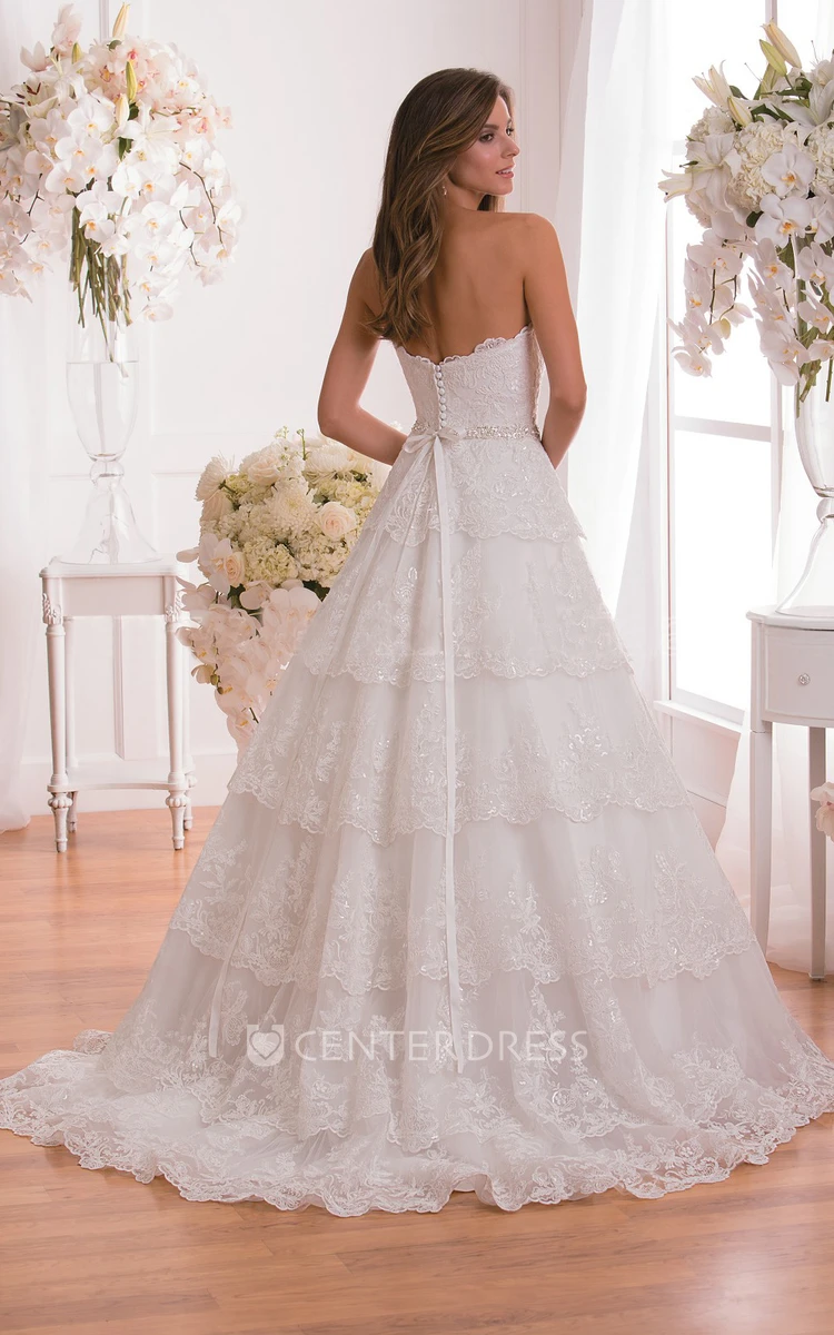 Sweetheart A-Line Tiered Wedding Dress With Lace Detail And Crystals