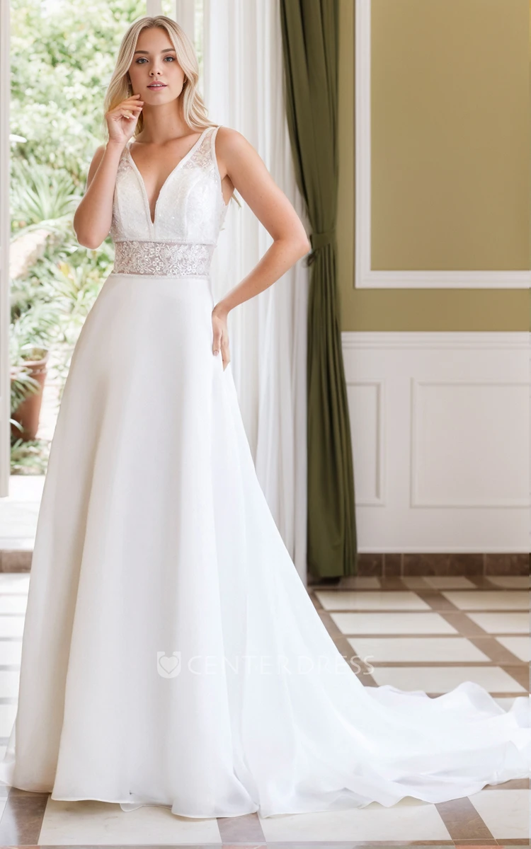 Ethereal Vintage Chiffon Lace A-Line V-neck Floor-length Wedding Dress Sexy Elegant Sleeveless Appliques Button Zipper Deep-V Back Bridal Gown with Train