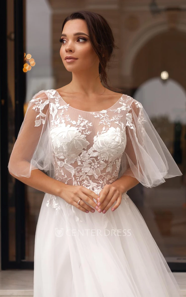 Bohemian A Line Tulle and Lace Bateau Sweep Train Wedding Dress with Appliques