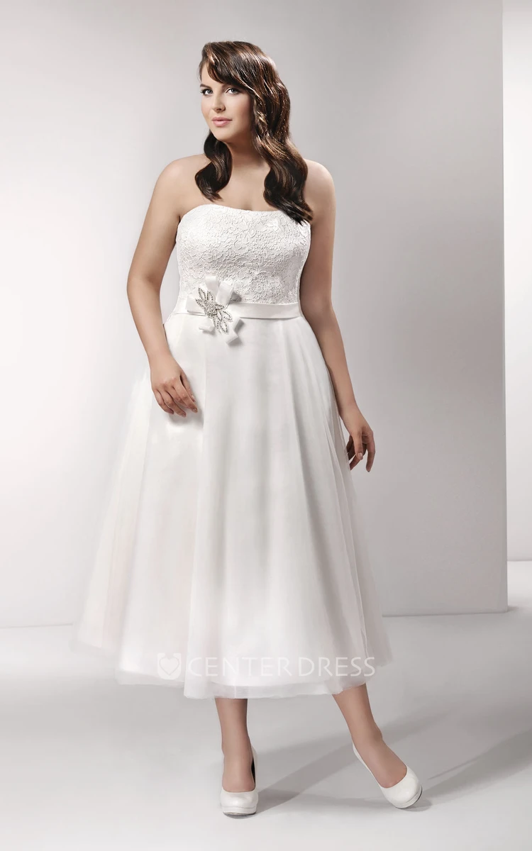 Strapless Tea-Length Dress With Lace And Bow