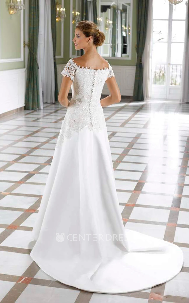 A-Line Floor-Length Lace Off-The-Shoulder Satin Wedding Dress
