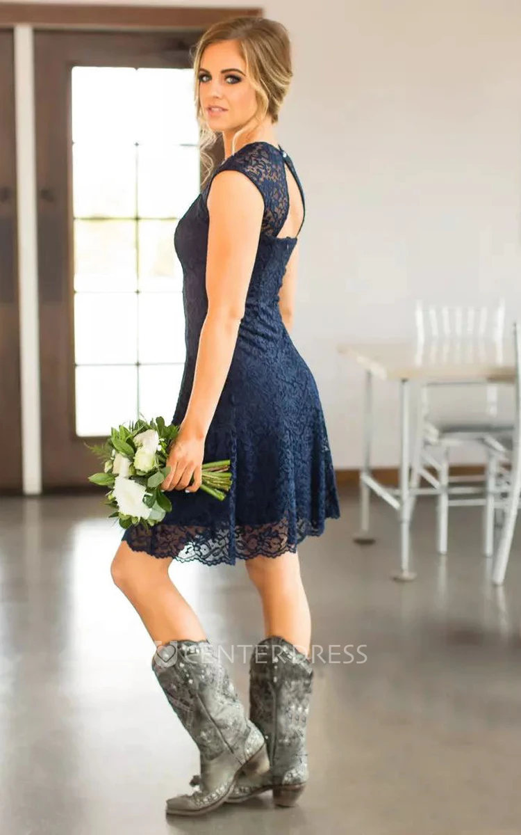 Sleeveless Keyhole Romantic Adorable Short Mini Sheath Square Lace Bridesmaid Dress 