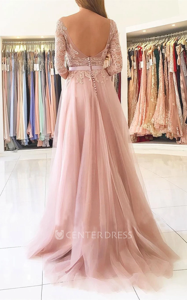 Illusion 3 4 Length Sleeve Floor-length A-Line Jewel Lace Tulle Dress