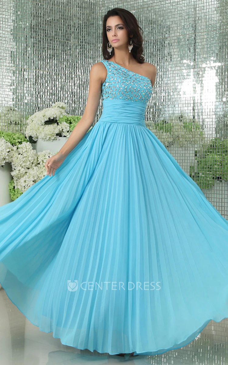 One SHoulder Sleeveless Chiffon A-Line Pleated Prom Dress With Beaded