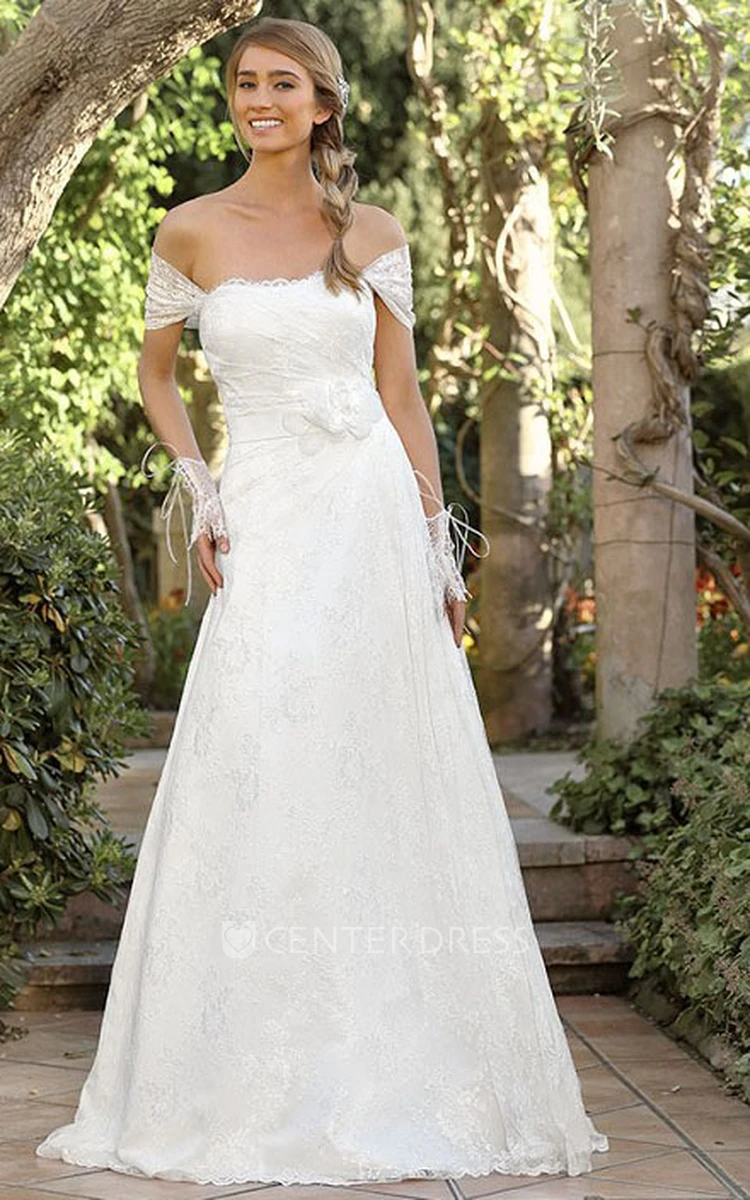 A-Line Long Appliqued Off-The-Shoulder Lace Wedding Dress With Flower