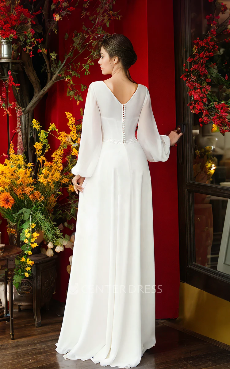 Long Sleeves V-neck Sexy Split Floor-length A-Line Simple Garden Wedding Dress with V Back