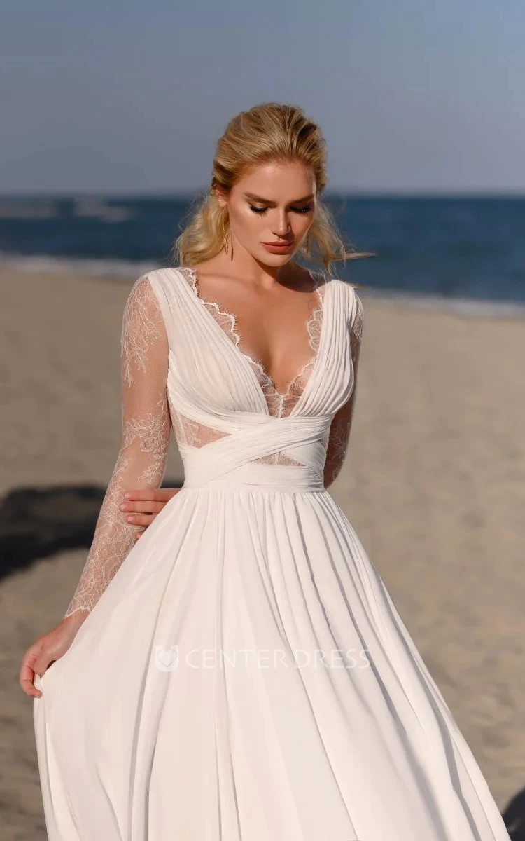 A-Line Illusion Lace Long Sleeve Elegant Chiffon Floor Length With Button Down Wedding Dress