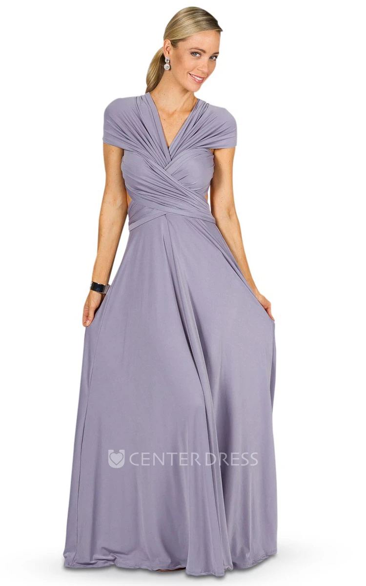 A-Line Floor-Length Ruched Sleeveless Haltered Chiffon Convertible Bridesmaid Dress