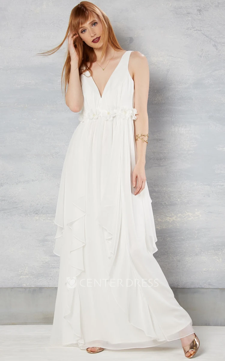 V-Neck Ankle-Length Sleeveless Chiffon Wedding Dress With Draping