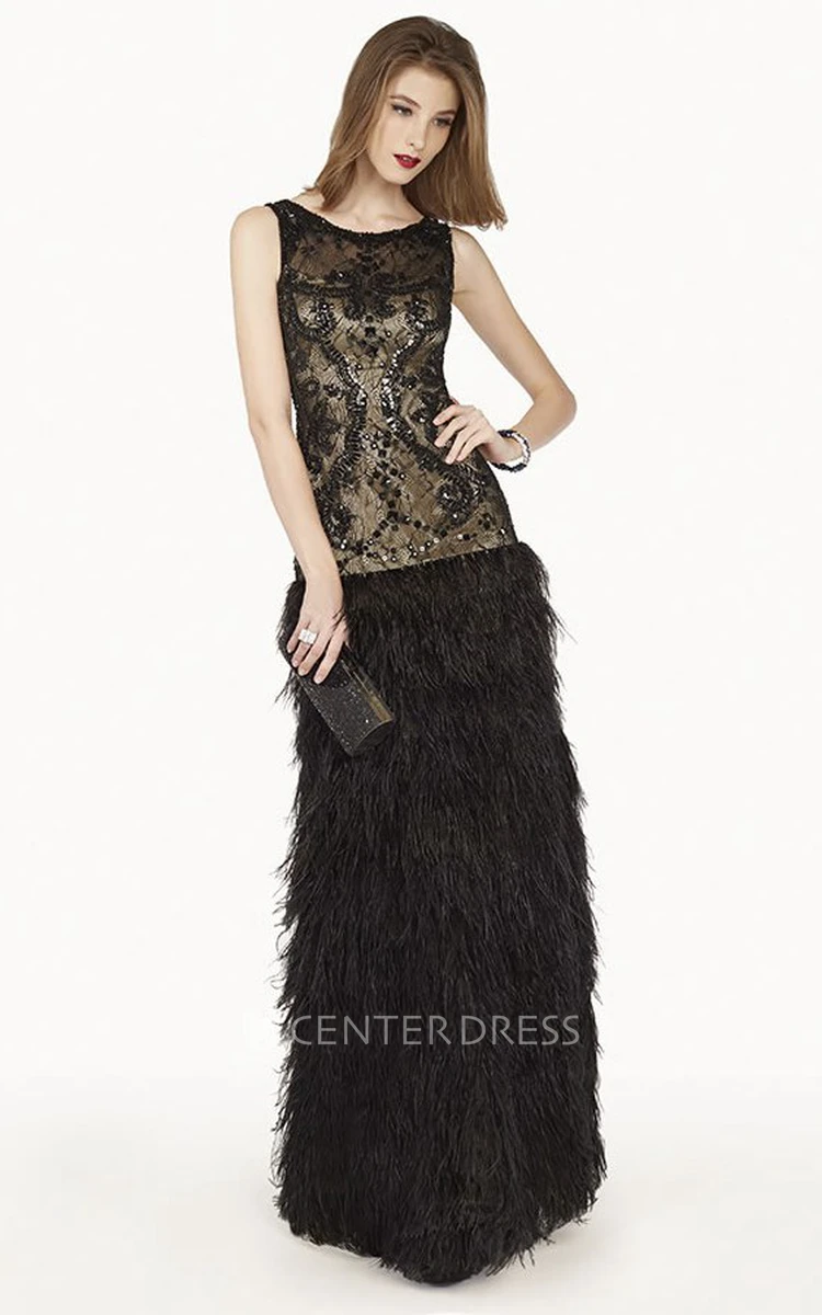 Scoop Neck Drop Waist Lace Long Prom Dress With Feather Skirt And Crystal