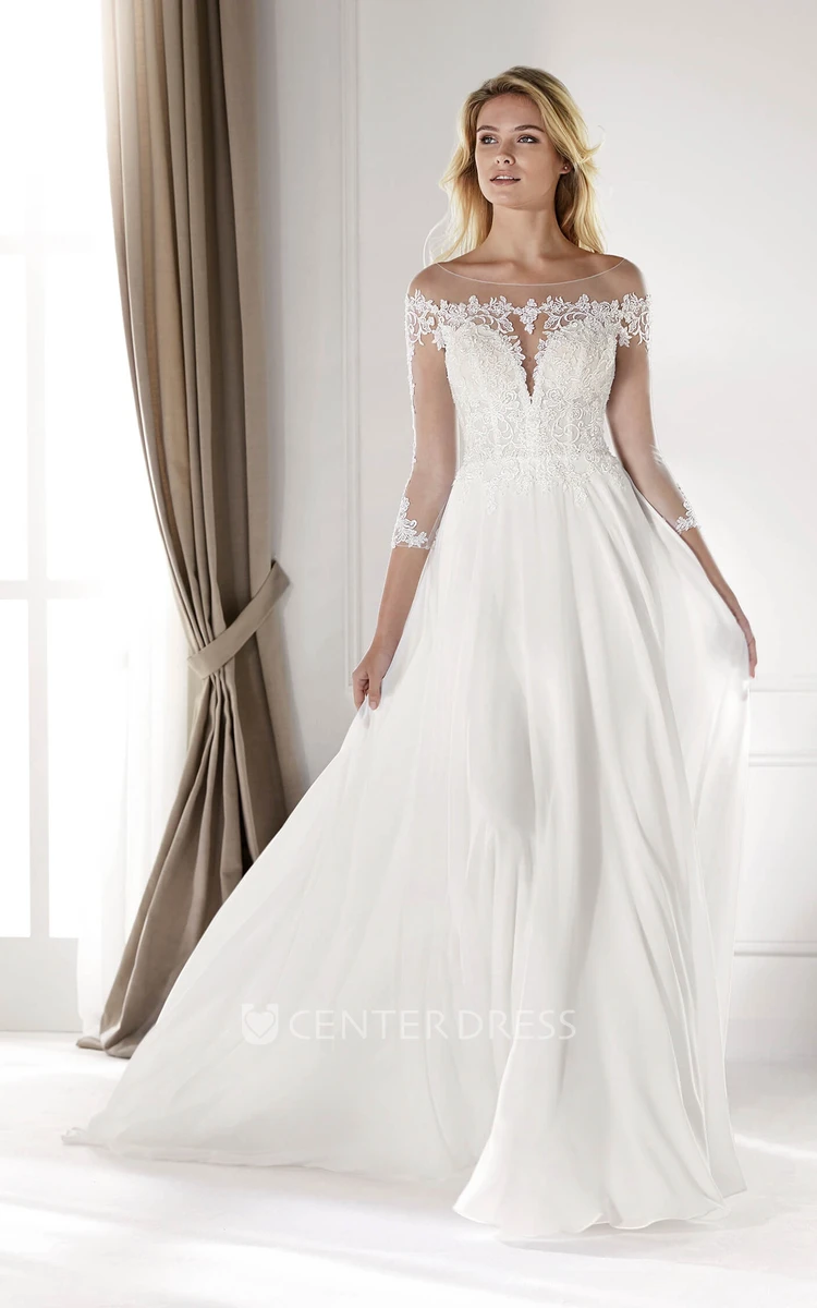 3/4 Sleeves Ethereal Illusion Lace Chiffon Wedding Gown With Court Train