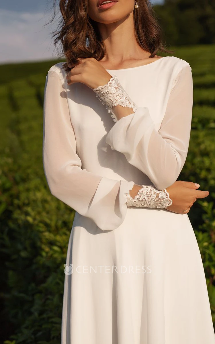 A Line Long Sleeve Chiffon Romantic Low-V Back Wedding Dress with Lace