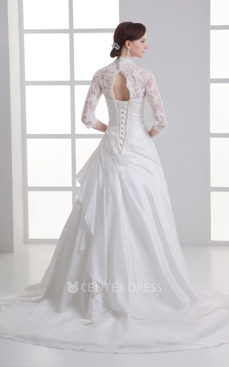 Scalloped-Neck Lace A-line 3 4 Sleeves Wedding Gown with Appliques
