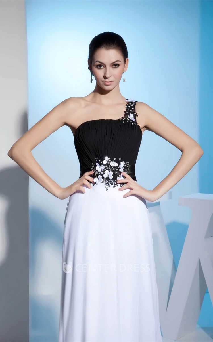 Floor-Length One-Shoulder Black-And-White Appliqued Chiffon Formal Dress With Beading