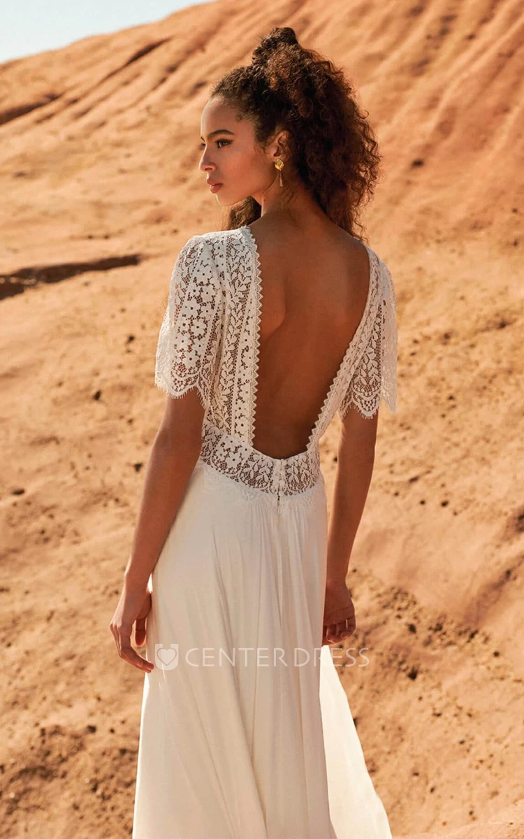 Plunging Half Sleeve With Open Back Bohemian Front Split Lace And Chiffon Wedding Dress