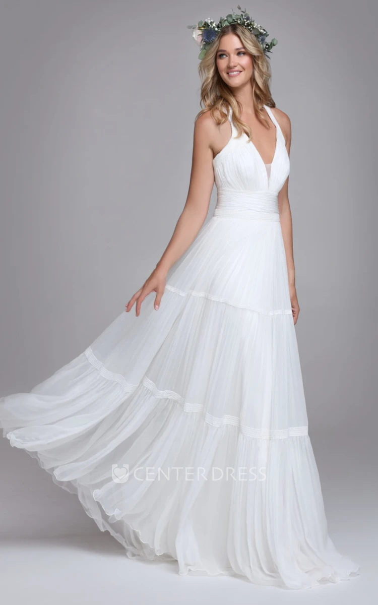 Sexy A Line Tulle Halter Brush Train Wedding Dress with Ruching
