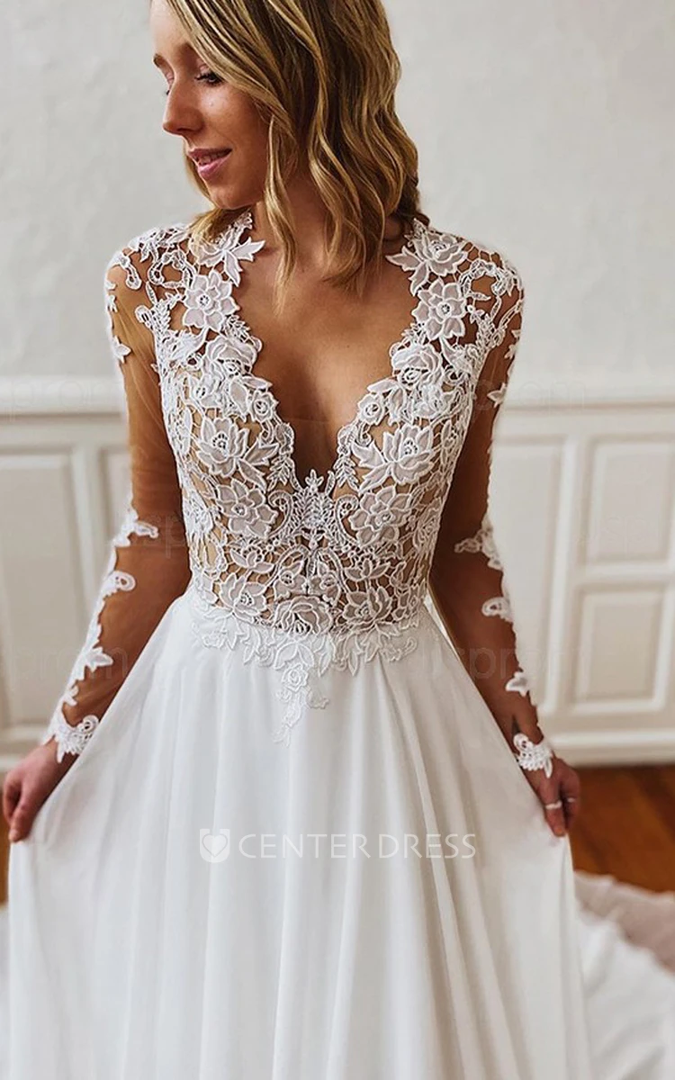 Chiffon Lace V-neck A Line Long Sleeve Court Train Illusion Wedding Dress With Appliques