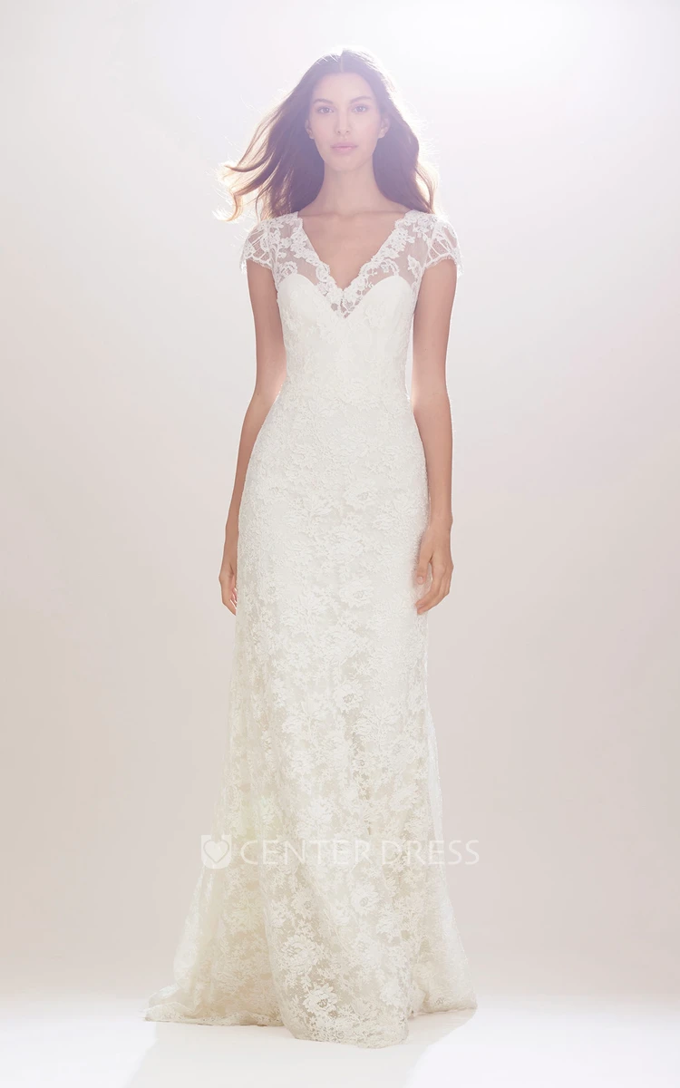 Sheath Appliqued V-Neck Cap-Sleeve Long Lace Wedding Dress With Ribbon And Illusion
