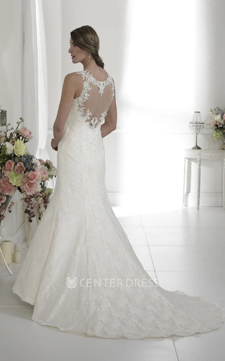 Mermaid Appliqued Maxi Sleeveless Scoop Lace Wedding Dress With Illusion Back And Watteau Train