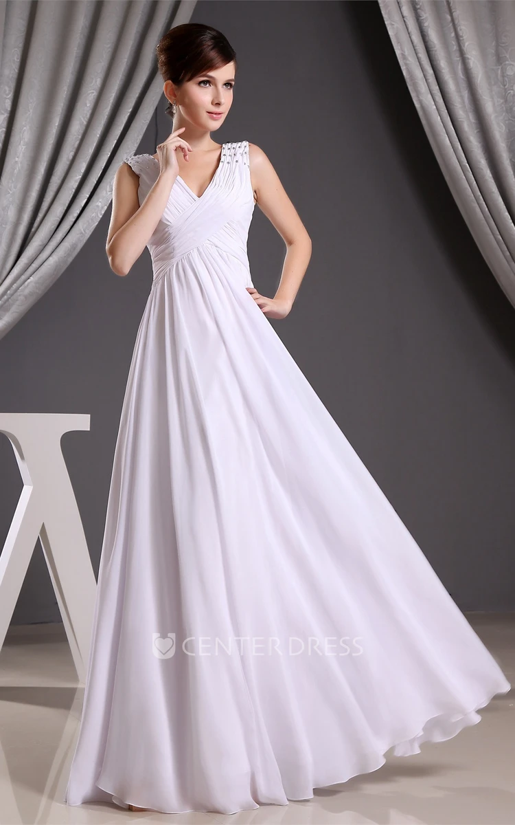Plunged Caped-Sleeve Criss-Cross Long Dress with Beading and Empire Waist