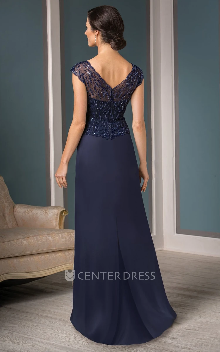 Cap-Sleeved V-Neck Mother Of The Bride Dress With Sequins And Illusion Style
