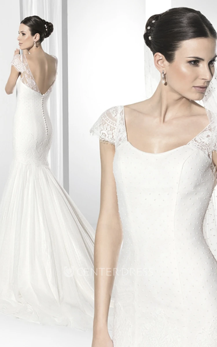 Trumpet Scoop-Neck Cap-Sleeve Maxi Tulle Wedding Dress With Appliques And V Back