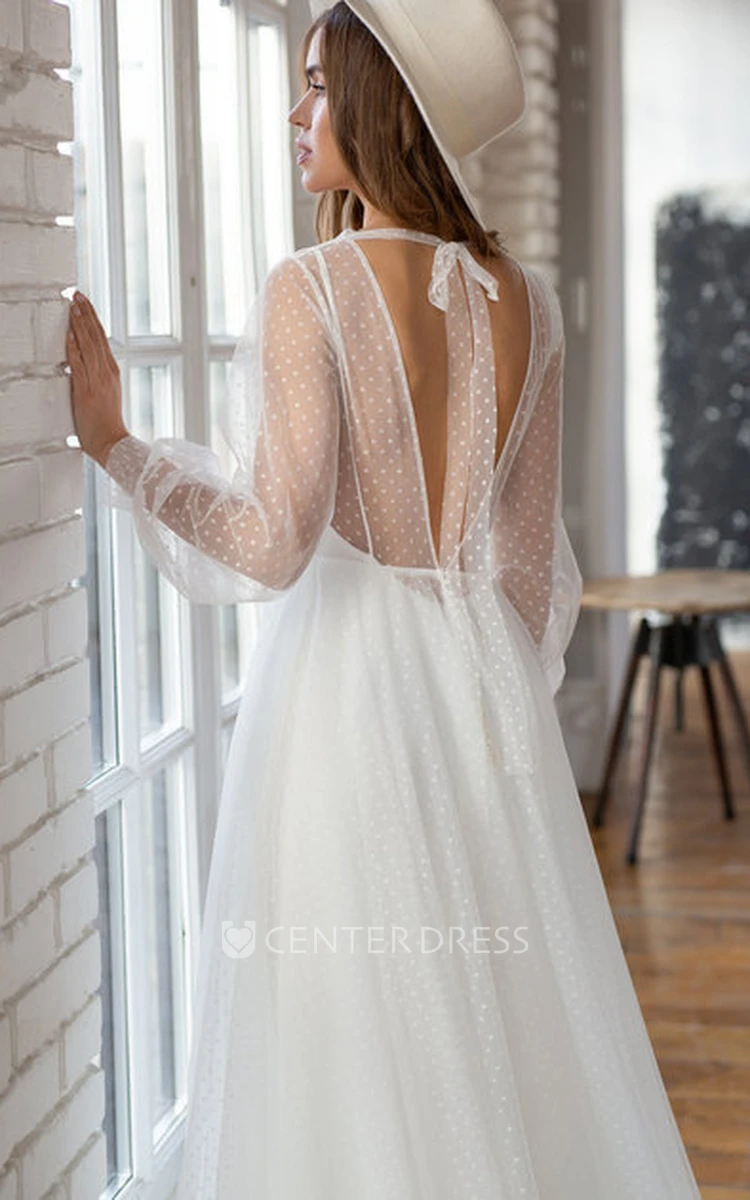 A Line Long Sleeve Chiffon Elegant Deep-V Back Wedding Dress with Bows