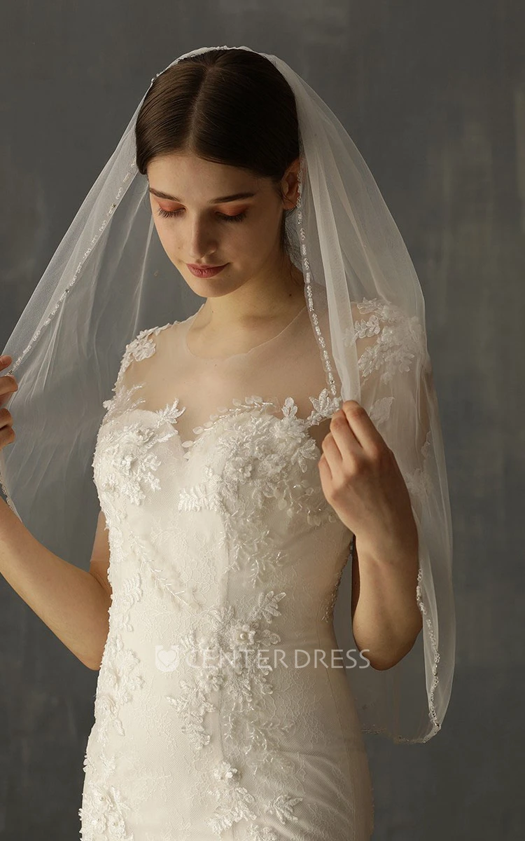 Chic White Tulle Elbow Veil with Beads