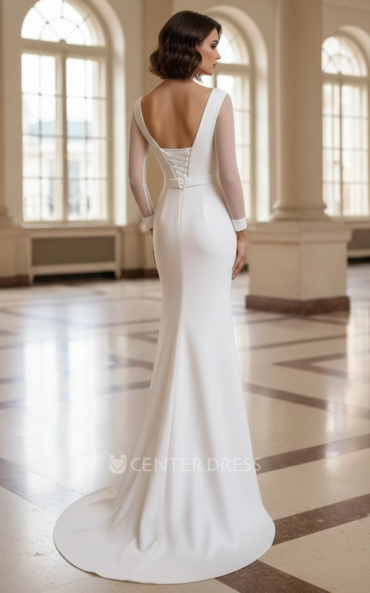Floor-length Long Sleeve Mermaid Bateau Neck Simple Solid Spring Wedding Dress with Corset Back Sash