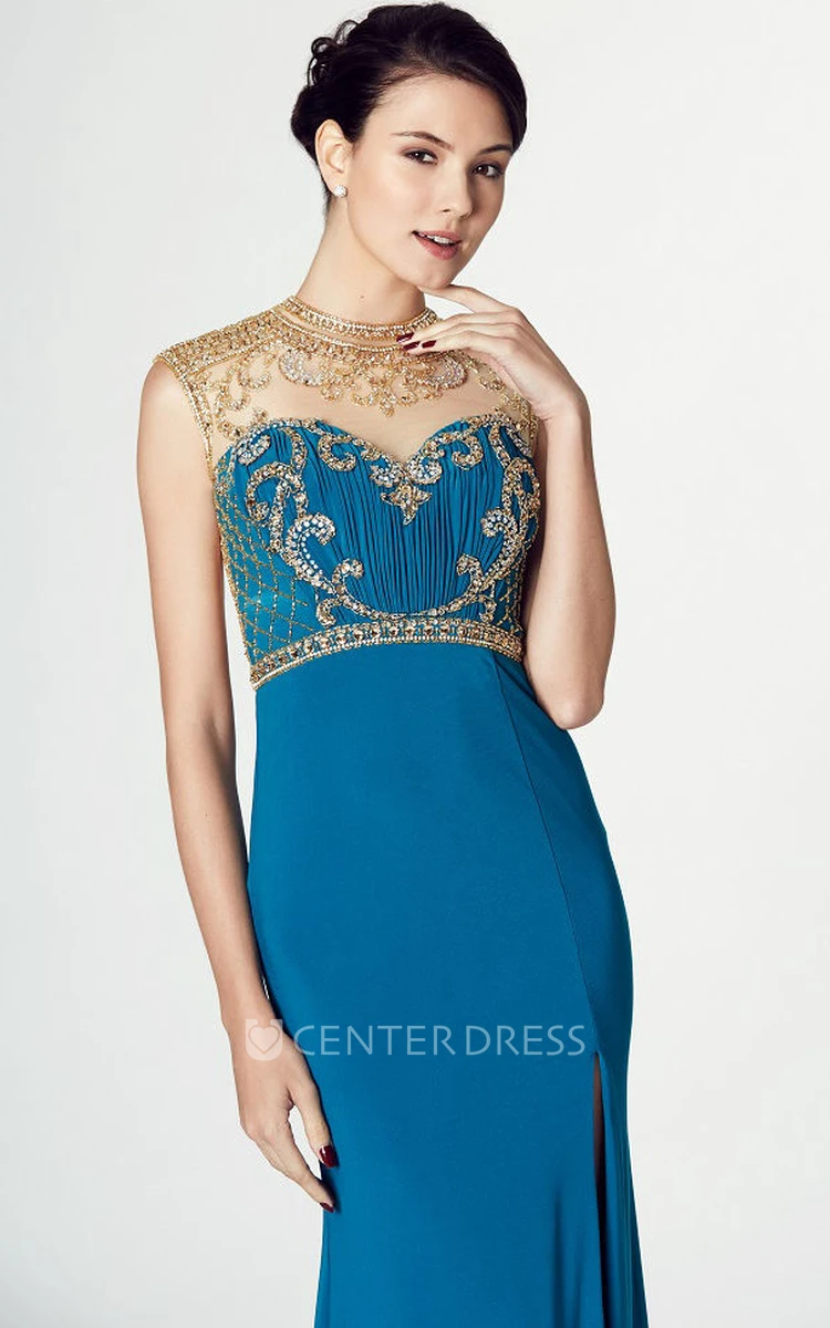 High Neck Floor-Length Split-Front Jersey Prom Dress With Beading And Illusion