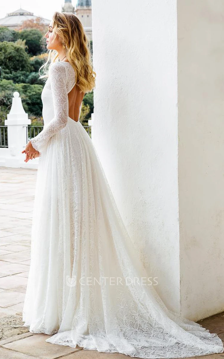 Boho A Line Scoop Neck Lace Floor-length Long Sleeve Wedding Dress with Keyhole Back