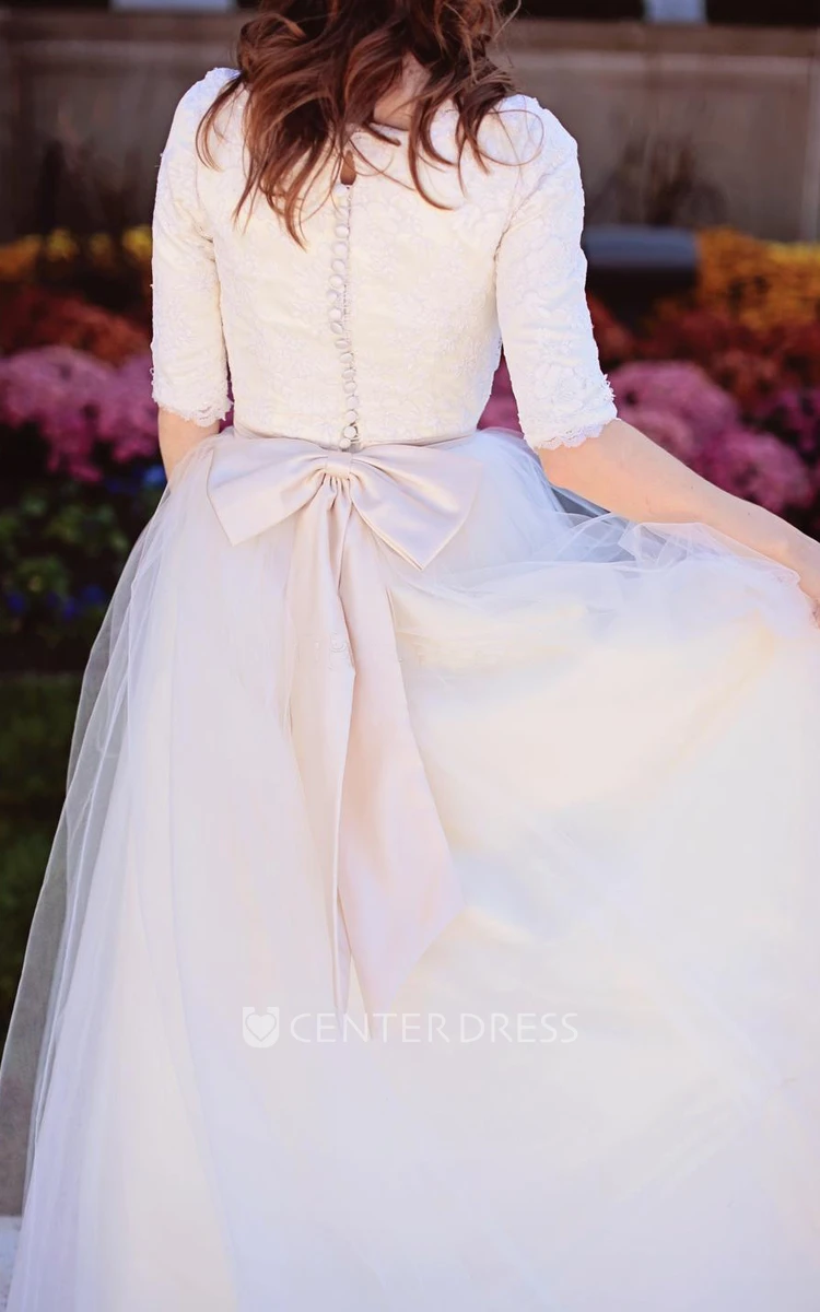 A Line Jewel Lace Tulle Button Zipper Wedding Dress