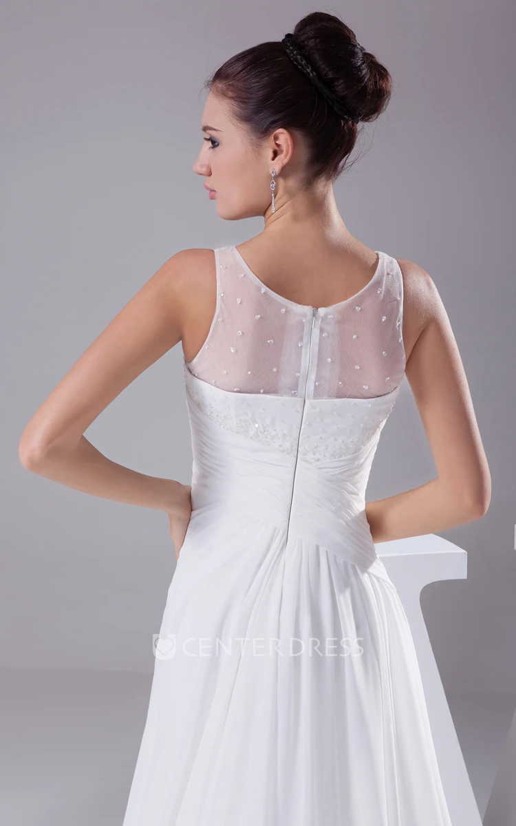 Illusion-Neck Sleeveless Chiffon Wedding Dress With Beading and Criss-Cross Ruching