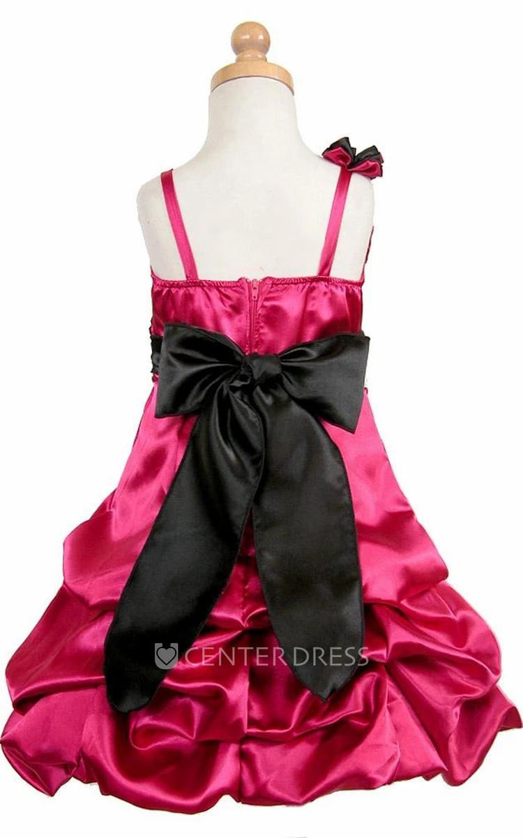 Midi Cape Ruched Floral Satin Flower Girl Dress With Ribbon