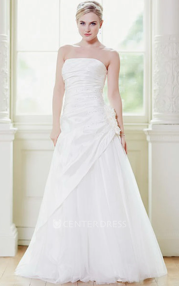 A-Line Draped Floor-Length Strapless Taffeta&Tulle Wedding Dress With Flower And Beading
