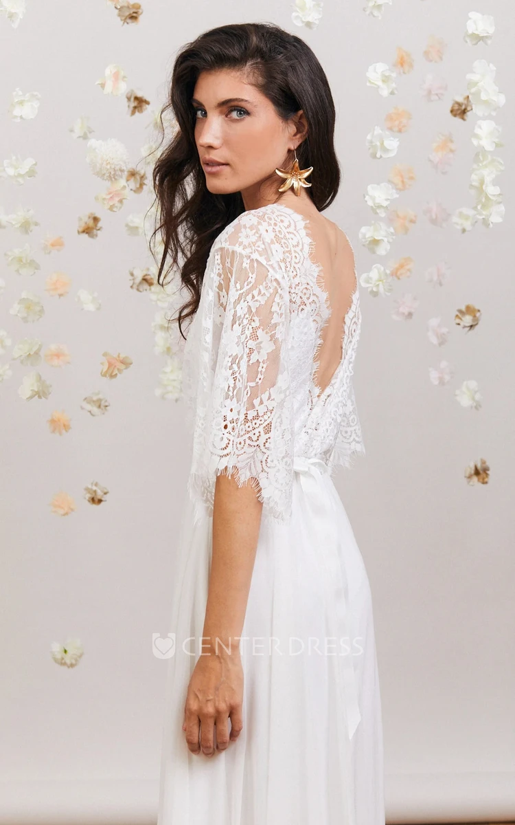 Boho Elegant Lace Winter Wedding Dress with Half Sleeves Deep V Neck Winter Bridal Dress for Modern Brides