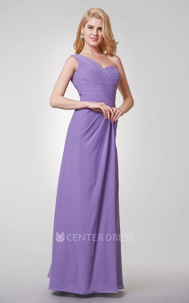 One Shoulder A-line Long Chiffon Dress With Ruched Top