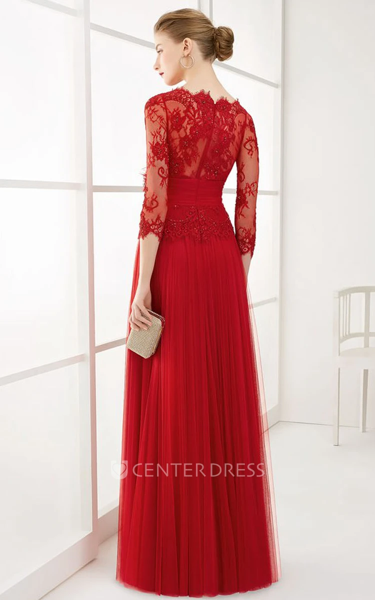 A-Line Long Appliqued 3-4-Sleeve Jewel-Neck Tulle Prom Dress With Flower
