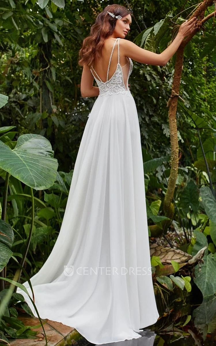 Sexy A-Line Plunging Neck Chiffon Wedding Dress with Split Front and Appliques